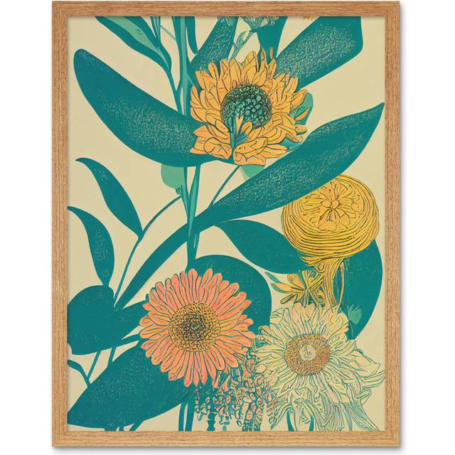 Marigold Daisy Flowers Turquoise Leaves Abstract - Art Prints - Light Brown Framed Unframed (25.9cm H x 20.6cm W x 1.5cm D)