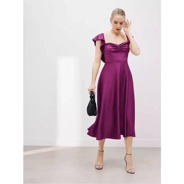 John lewis midi dress satin sweetheart neck cape wedding pink plum 14 £149