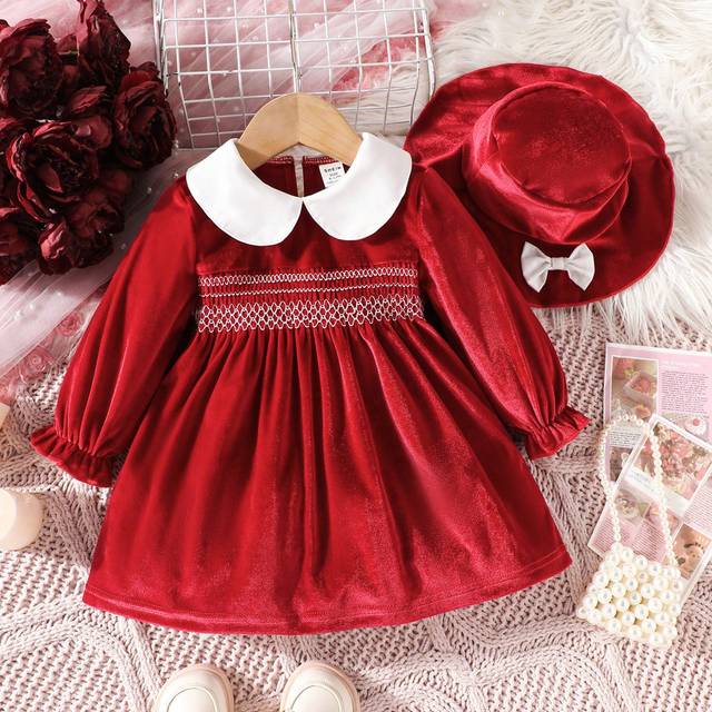 Souflis Baby Girl Holiday Velvet Fashionable Cute Dress With Matching Hat Embellishment