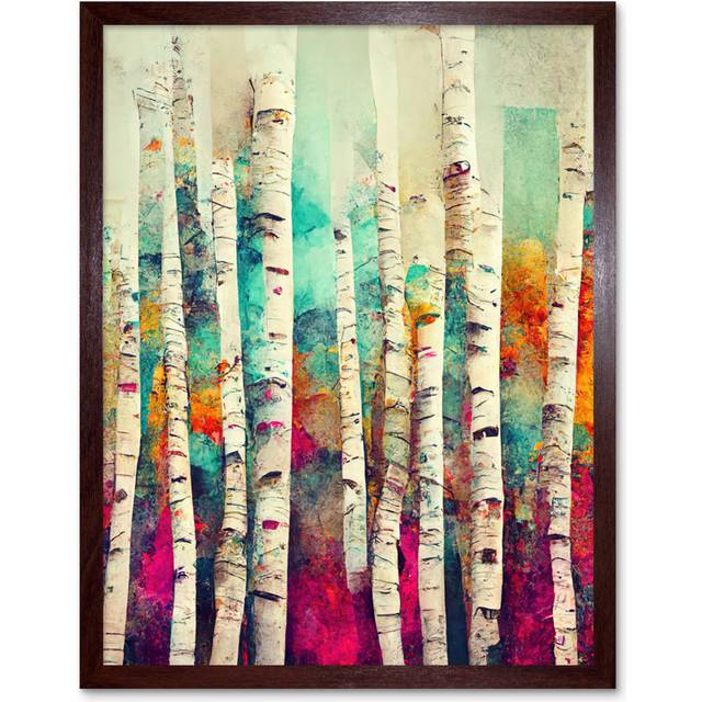 Abstract Multi Coloured Birch Tree Forest - Art Prints - Brown Framed Paper (25.9cm H x 20.6cm W)