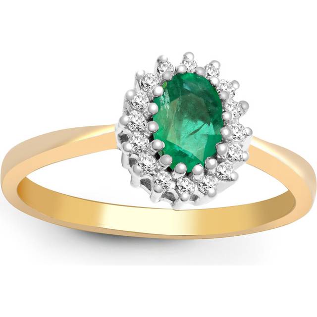 (U) Jewelco London 9ct Yellow Gold H I2 0.12ct Diamond and Oval Green 0.52ct Emerald Classic Royal Cluster Ring 9mm