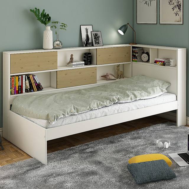 Noomi Jorgi Single White and Oak Corner Bed Frame with Storage