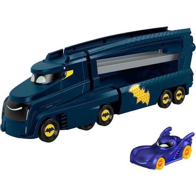 Fisher-Price DC Batwheels-leksakslångtradare och bil, stor fladdermuslastbil med ramp och Bam the Batmobile, formgjutna leksaksfordon i skala 1:55, från 3 år, HMX07