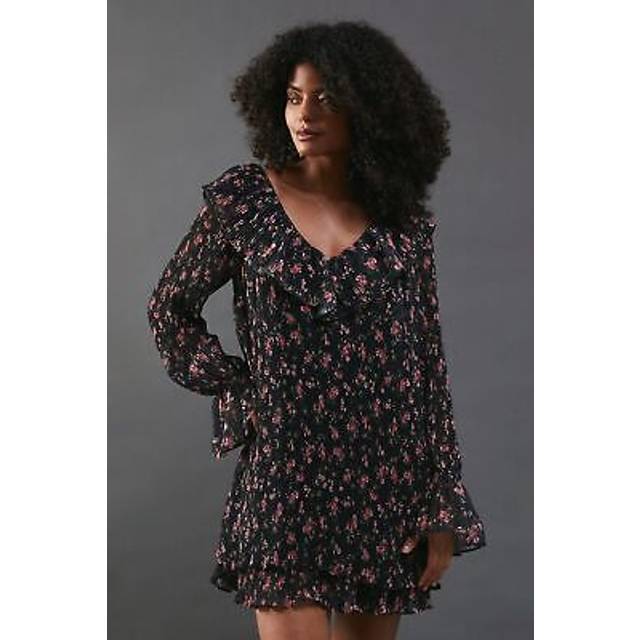 Womens Floral Pleated Chiffon V Neck Mini Swing Dress - Black - 8