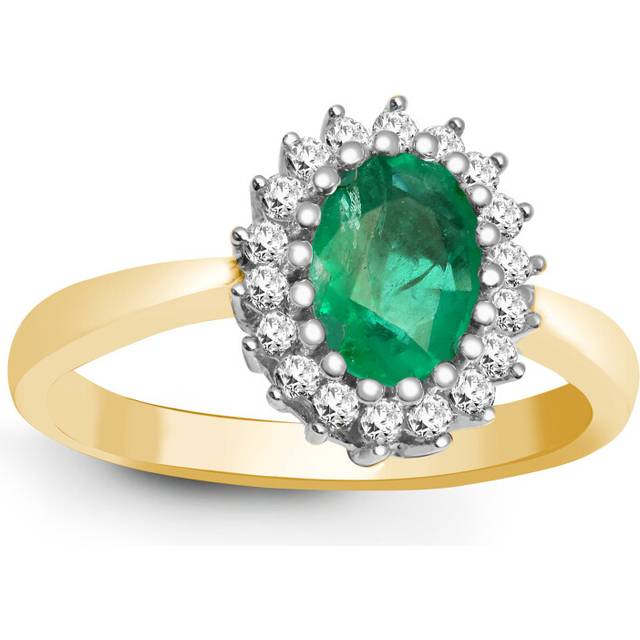 (O) Jewelco London 9ct Yellow Gold H I2 0.23ct Diamond and Oval Green 0.78ct Emerald Classic Royal Cluster Ring 11mm