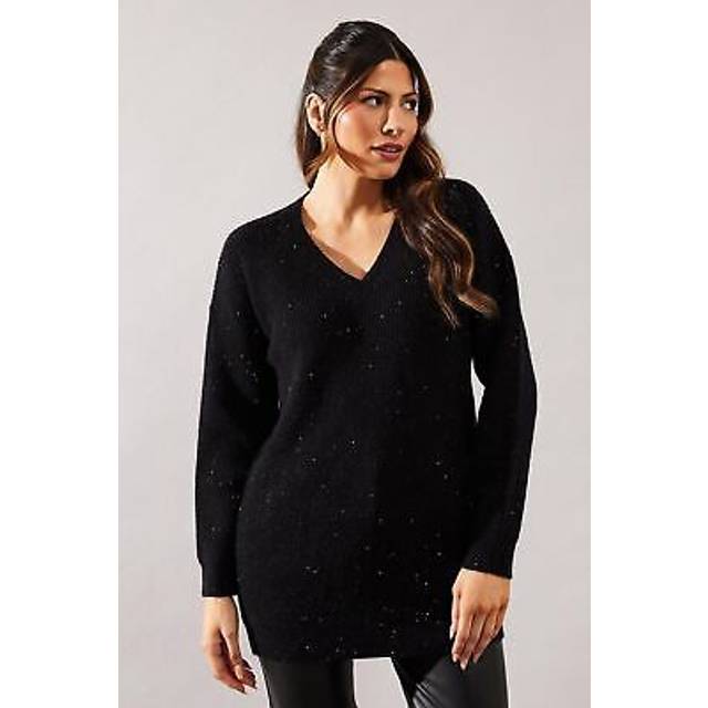 Womens Sequin Knit V Neck Knitted Tunic Dress - Black