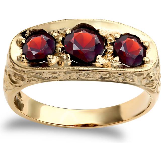 (Z+2) Jewelco London Men&#39;s Solid 9ct Yellow Gold Round Brilliant Garnet 3 Stone Trilogy Carved Gypsy Ring