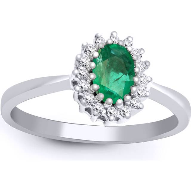 (R) Jewelco London 9ct White Gold H I2 0.12ct Diamond and Oval Green 0.52ct Emerald Classic Royal Cluster Ring 9mm - Silver