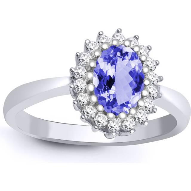 (O) Jewelco London 9ct White Gold H I2 0.23ct Diamond and Oval Lilac 0.73ct Tanzanite Classic Royal Cluster Ring 11mm - Silver