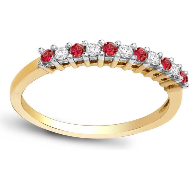(V) Jewelco London 9ct Yellow Gold 4 Claw Set H I1 0.1ct Diamond and Red 0.15ct Ruby 11 Stone Royal Eternity Ring 2mm