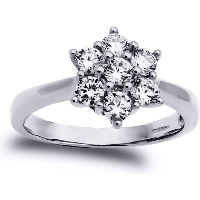 (P) Jewelco London Ladies Solid 9ct White Gold White Round Brilliant Cubic Zirconia 7 Stone Cluster Engagement Ring - Silver