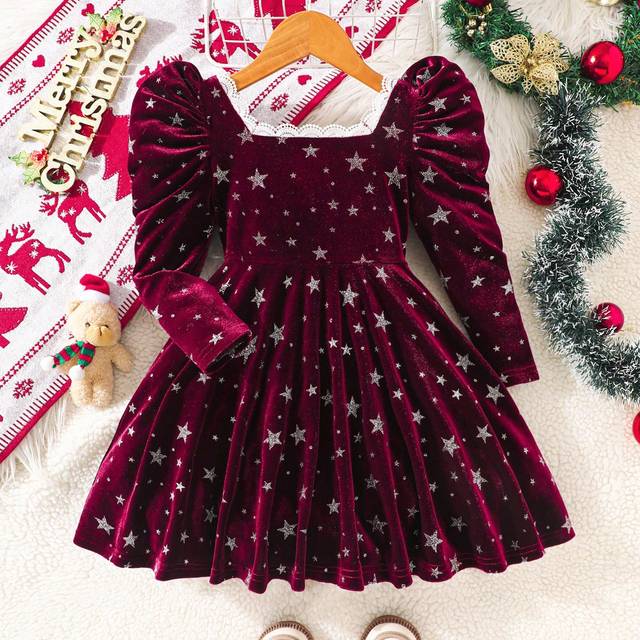 SHEIN Young Girl&#39;s And Toddler Girl  Red Velvet Star Foil Print Party Dress, Suitable For Autumn Christmas Party Wear