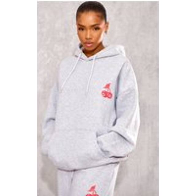 Grey Marl Cherry Print Oversized Hoodie - XL