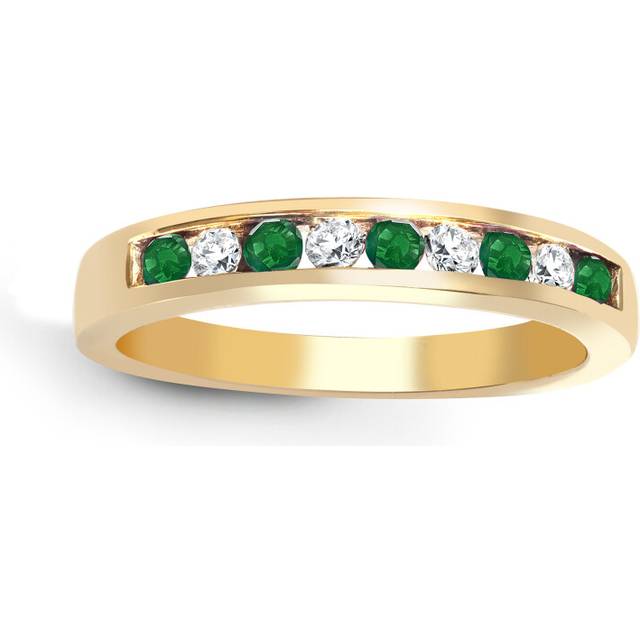 (Q) Jewelco London 9ct Yellow Gold Channel Set J SI 0.14ct Diamond and Green 0.26ct Emerald Dainty Band Eternity Ring 4mm