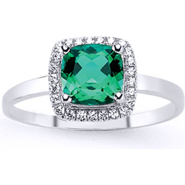 (M) Jewelco London Ladies Rhodium Sterling Silver Green Asscher Cubic Zirconia Halo Cluster Solitaire Engagement Ring