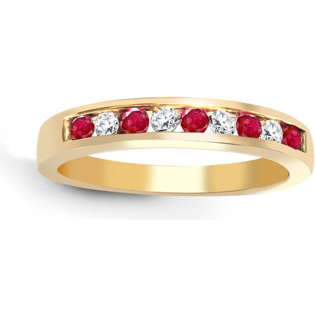 (P) Jewelco London 9ct Yellow Gold Channel Set H I1 0.14ct Diamond and Red 0.26ct Ruby Dainty Band Eternity Ring 3.5mm