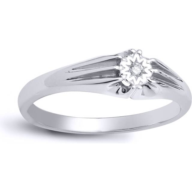 (N) Jewelco London Men's Solid 9ct White Gold Gypsy Set Round H I2 0.04ct Diamond Gypsy Solitaire Ring 6mm
