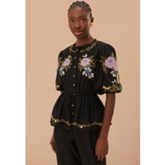 Winter Garden Embroidered Short Sleeve Blouse, WINTER GARDEN BLACK / S