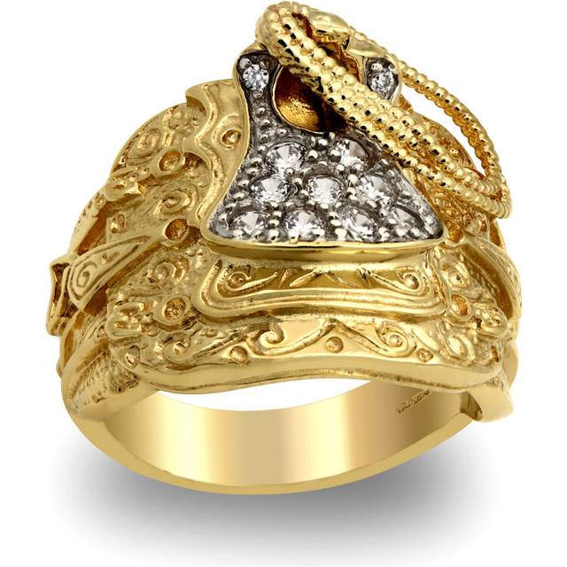 (Z+3) Jewelco London Men's Solid 9ct Yellow Gold White Round Brilliant Cubic Zirconia Horse Saddle Rope Ring