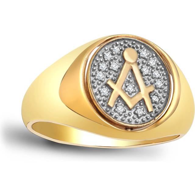 (V) Jewelco London Men's Solid 9ct Yellow Gold Pave Set Round J I1 0.1ct Diamond Pave Cluster Masonic Signet Ring 15mm