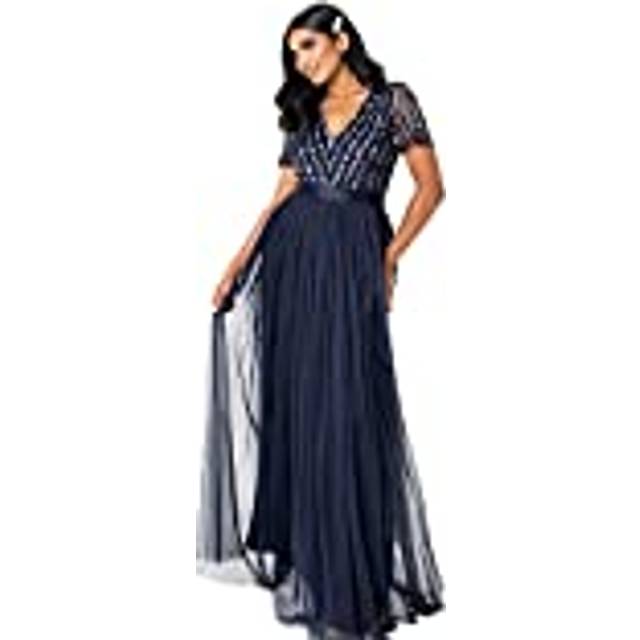 Belted Stripe Embellished Maxi Dress - Dark Navy - 16