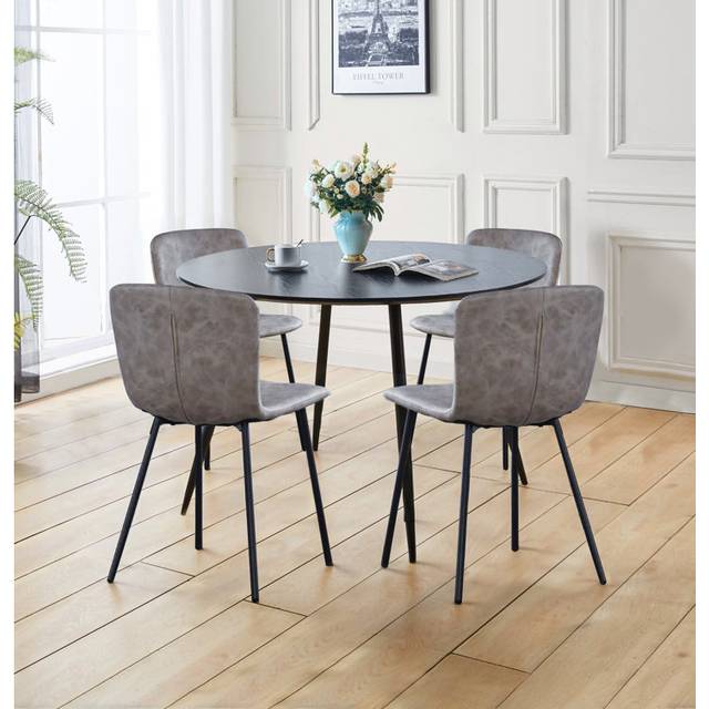 Hallowood Furniture - Cullompton Large Round Dining Table and Chairs Set of 4, Black Kitchen Table with Grey Leather Effect Fabric Chairs, Dining