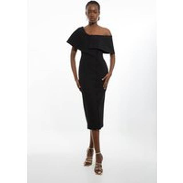 Petite Compact Stretch Off Shoulder Button Through Tailored Midaxi Pencil Dress - Black