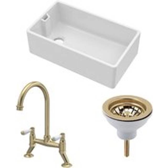 Fireclay Kitchen Bundle - Single Bowl Belfast Sink, Strainer Waste & Bridge Lever Tap, 795mm - Brushed Brass - Balterley