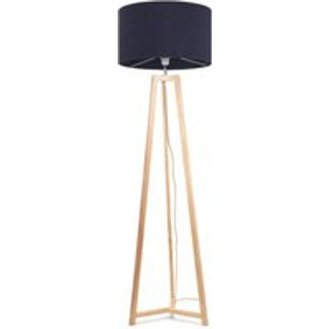 Lottie Natural Wood Tripod Floor Lamp with Fabric Drum Shade - Navy - One Size