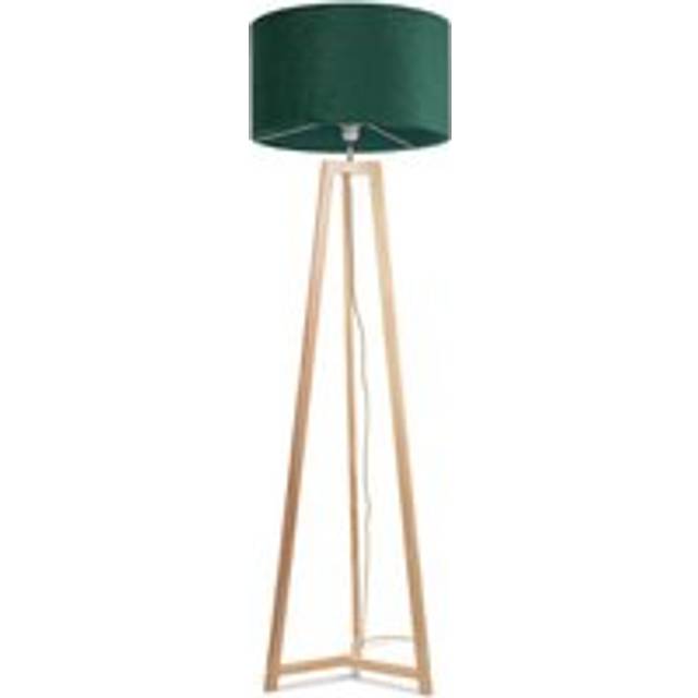 Lottie Natural Wood Tripod Floor Lamp with Velvet Drum Shade - Green - One Size