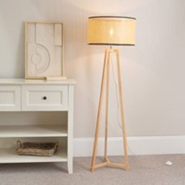 ValueLights Lottie Wicker Drum Shade Natural Wood Tripod LED Floor Lamp - Cream - 148 x 45 x 45cm
