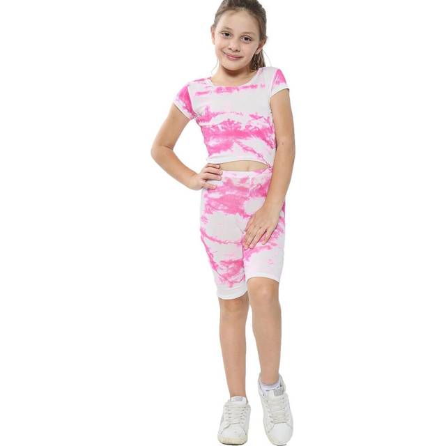 (5-6 Years, Pink) Girls Tie Dye Crop Top & Cycling Shorts Set 5-13