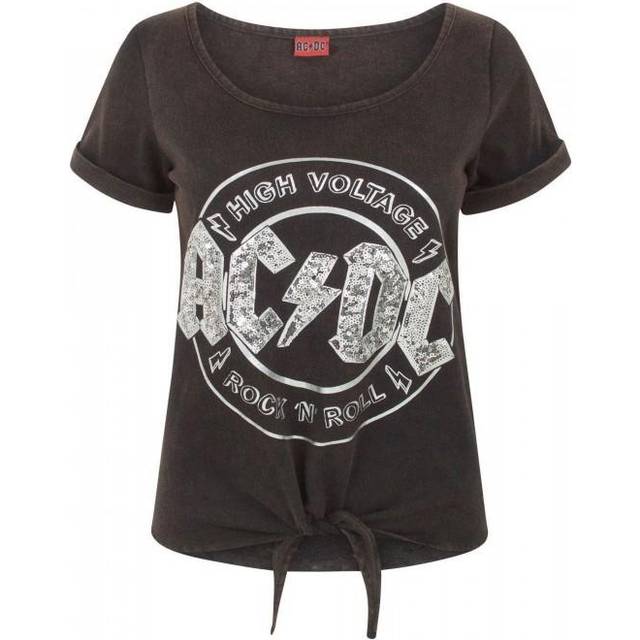 (S, Black) AC/DC Comics Womens/Ladies High Voltage Sequin Acid Wash Tie Front T-Shirt