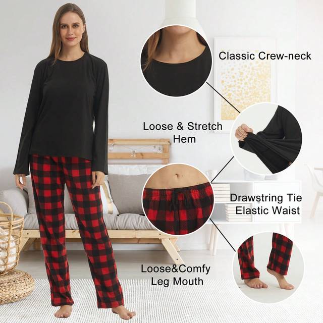 SHEIN Fleece Pajamas Womens Set Long Sleeve Top & Plaid Pajama Bottoms Soft Nightwear Loungewear Warm Pjs Sets 2 Pieces