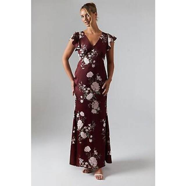 Printed V Neck Angel Sleeve Satin Bridesmaid Dress - Malbec - 12