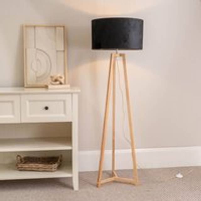 Lottie Natural Wood Tripod Floor Lamp with Velvet Drum Shade and LED Bulb - Black - One Size