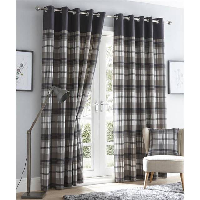 "(46 x 72"" (117x183cm)) Grey Curtains Eyelet Rings Lined Tartan Check"