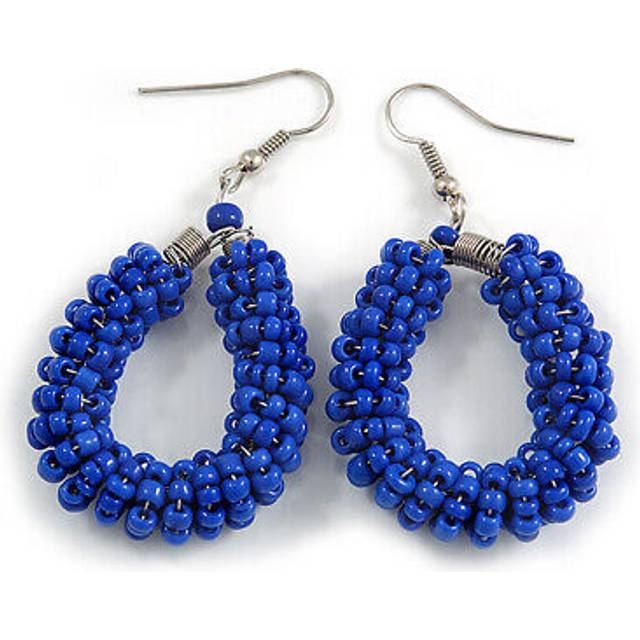 Royal blue glass bead loop drop earrings in silver tone - 60mm long