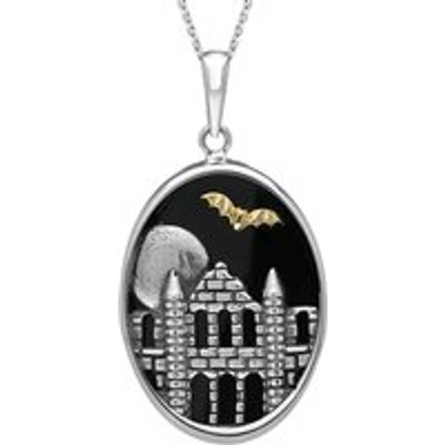 Sterling Silver Whitby Jet Abbey Moon Bat Oval Necklace