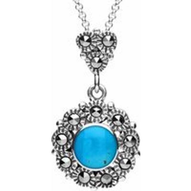 Sterling Silver Turquoise Marcasite Round Beaded Drop Necklace - Silver