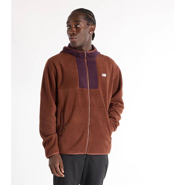 New Balance Men's Polar Fleece Hooded Jacket in Brown Cotton, size X-Large - XL