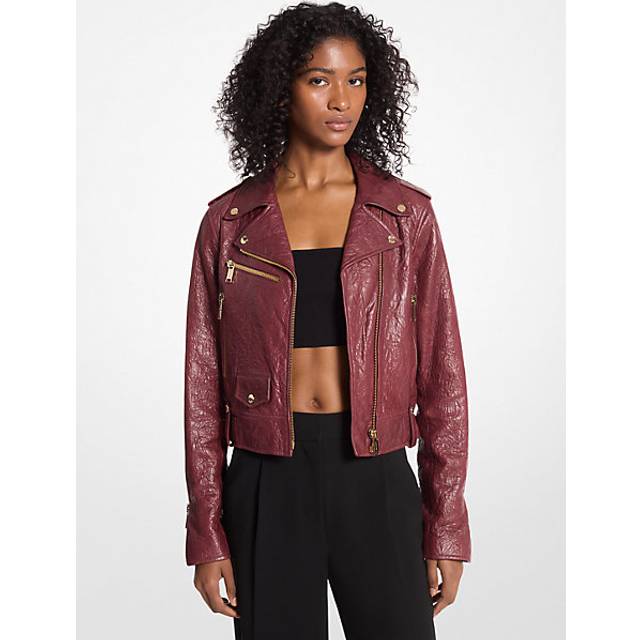 MK Crinkled Leather Cropped Moto Jacket - Red - Michael Kors - XS