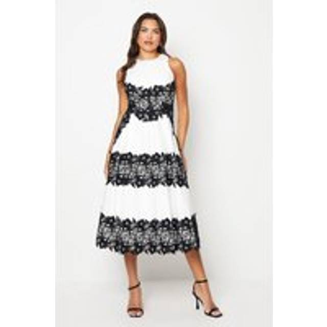 Coast Womens Sleeveless Midi Dress Mono High Neck Lace Detail Flared Skirt