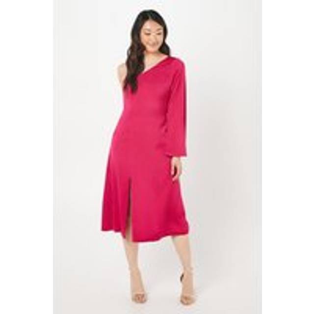 One Shoulder Satin Midi Wedding Guest Dress - Pink - 12