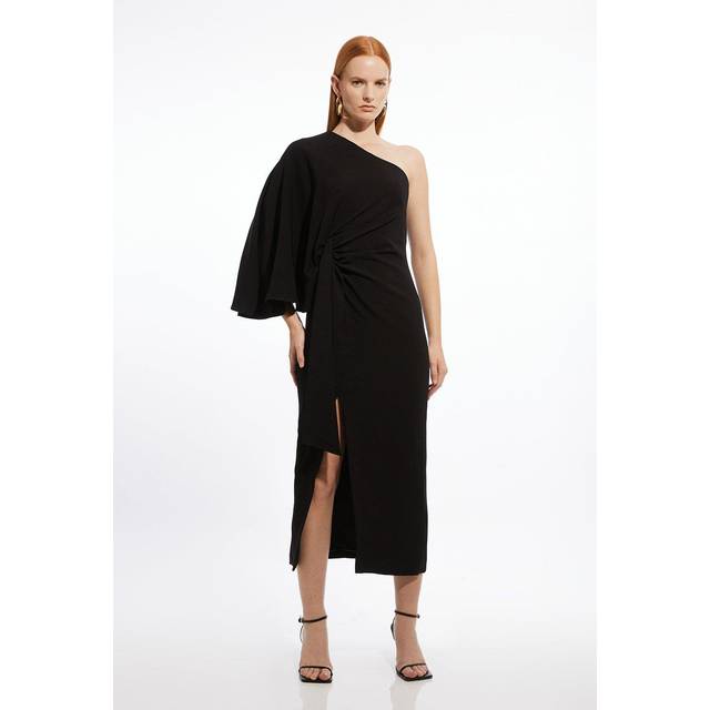 Compact Stretch Viscose Drape Sleeve One Shoulder Tailored Maxi Dress - Black