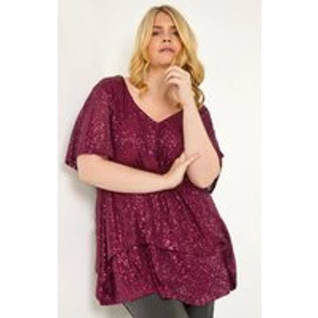 Roman Curve Bordeaux Sequin Overlay Flute Sleeve Top - Size 26-28