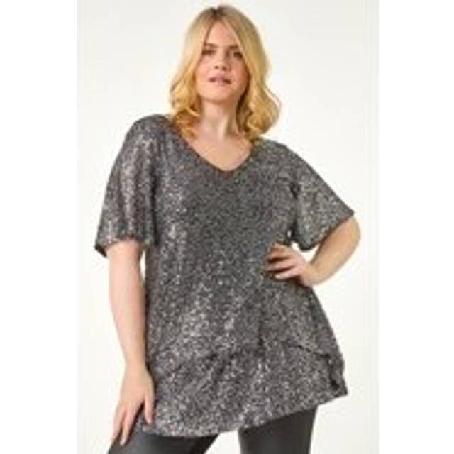 Sequin Overlay Flute Sleeve Top - Silver - 30-32