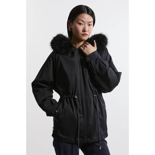 Faux Fur Lined Hooded Parka Coat - Navy