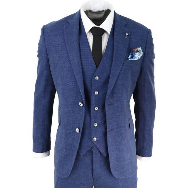 Infinity Leather Mens 3 Piece Blue Linen Summer Spring Classic Suit Canvas - Size 50 (Chest)
