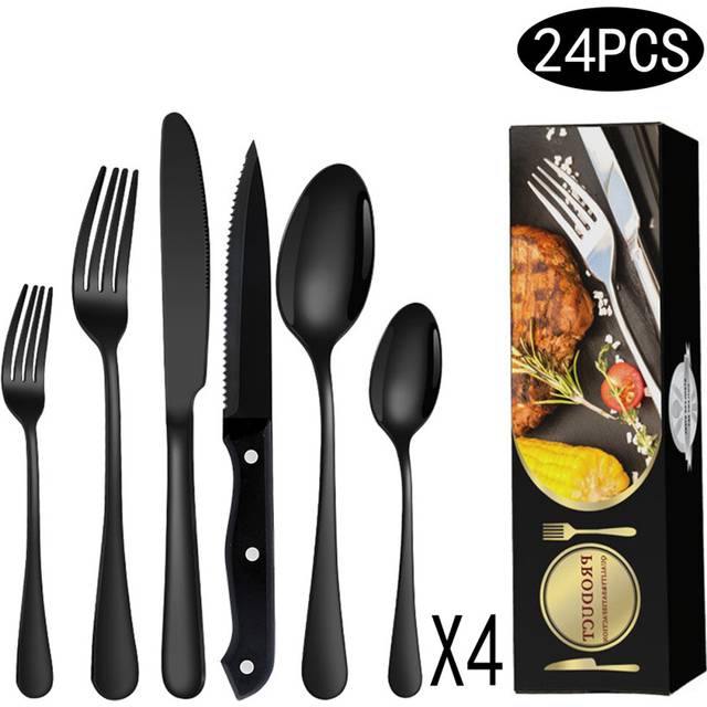 24 Piece Black Silverware Set with Steak Knife, Black Flatware Set for 4 People, Food Grade Stainless Steel Flatware Set